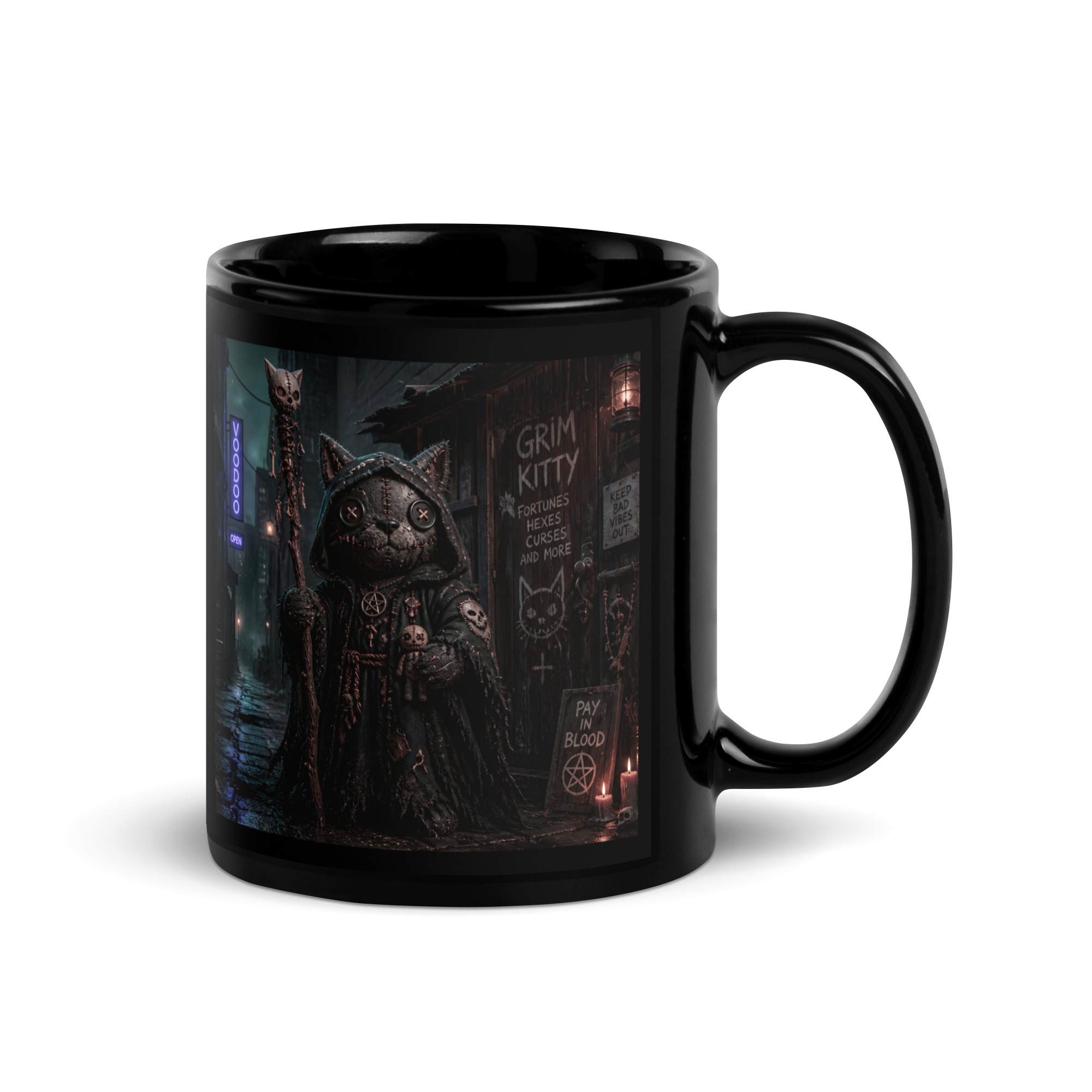 VOODOO WOLF Grim Kitty Alley Black Glossy Mug